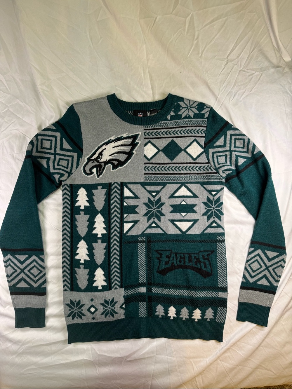 NFL Philadelphia Eagles Teal and Gray Patchwork Crewneck Sweater